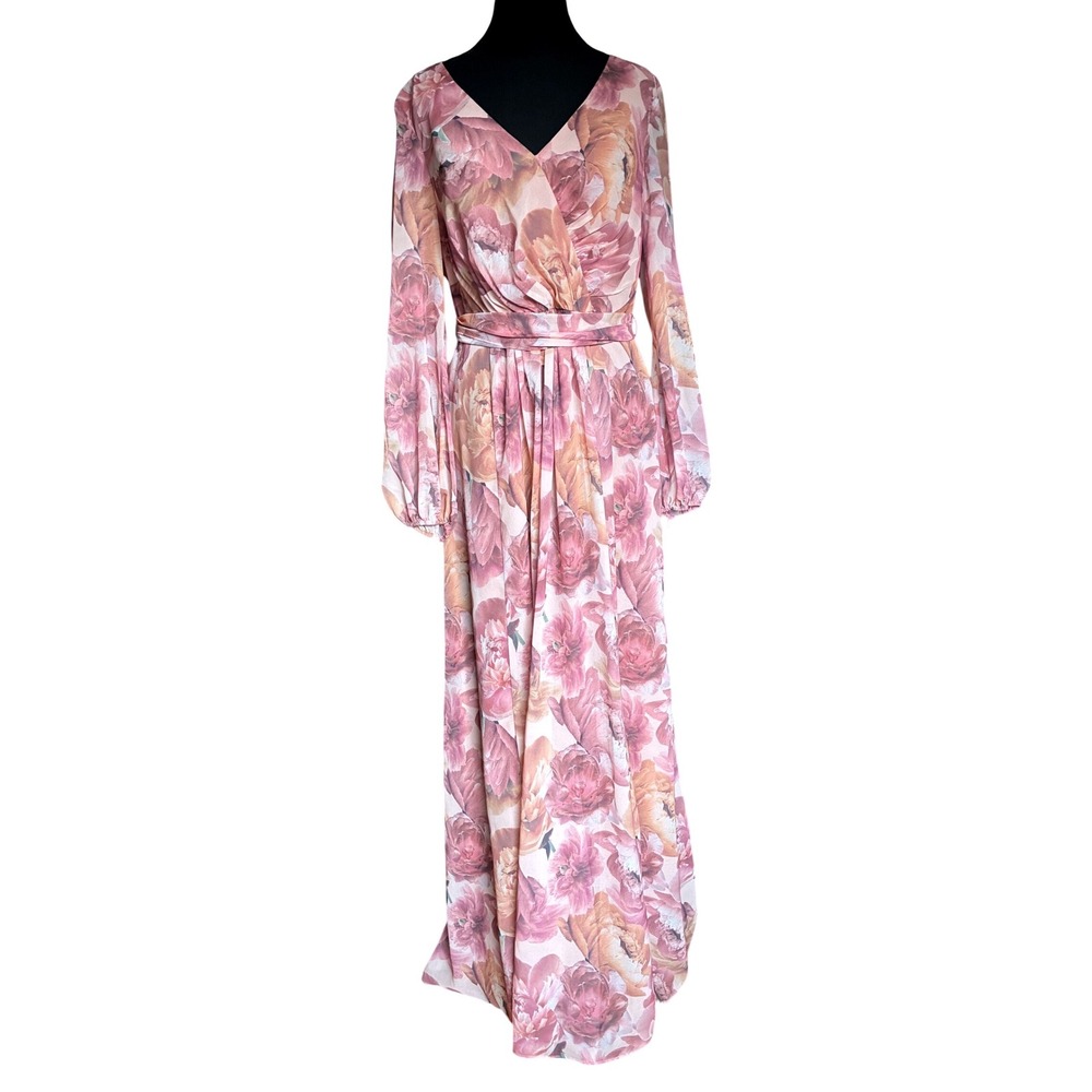 NWTS Oleg Cassini Pink Floral Peony Maxi Dress Long Sleeve 10 Fairy Romantic